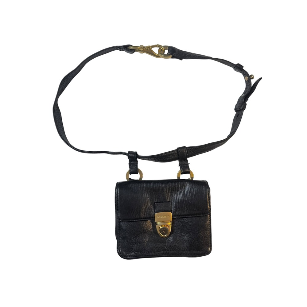 Perlina New York Black Leather Belt Bag Fanny Pack Gold Hardware Vintage